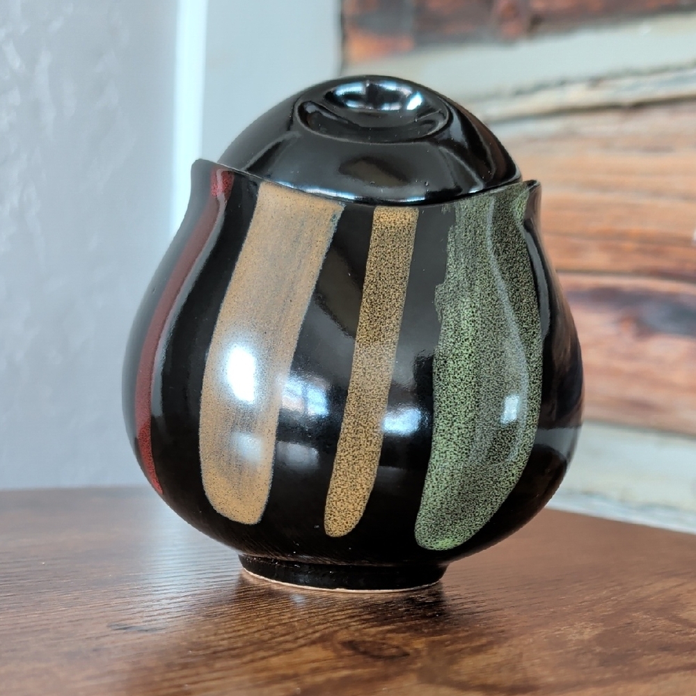 Sango Avanti Flair Black Sugar Bowl Stoneware Vase with Tan Green Stripes